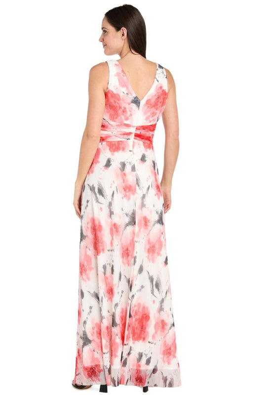 R&M Richards Corn Ivory Floral Print V-Neck Evening Gown