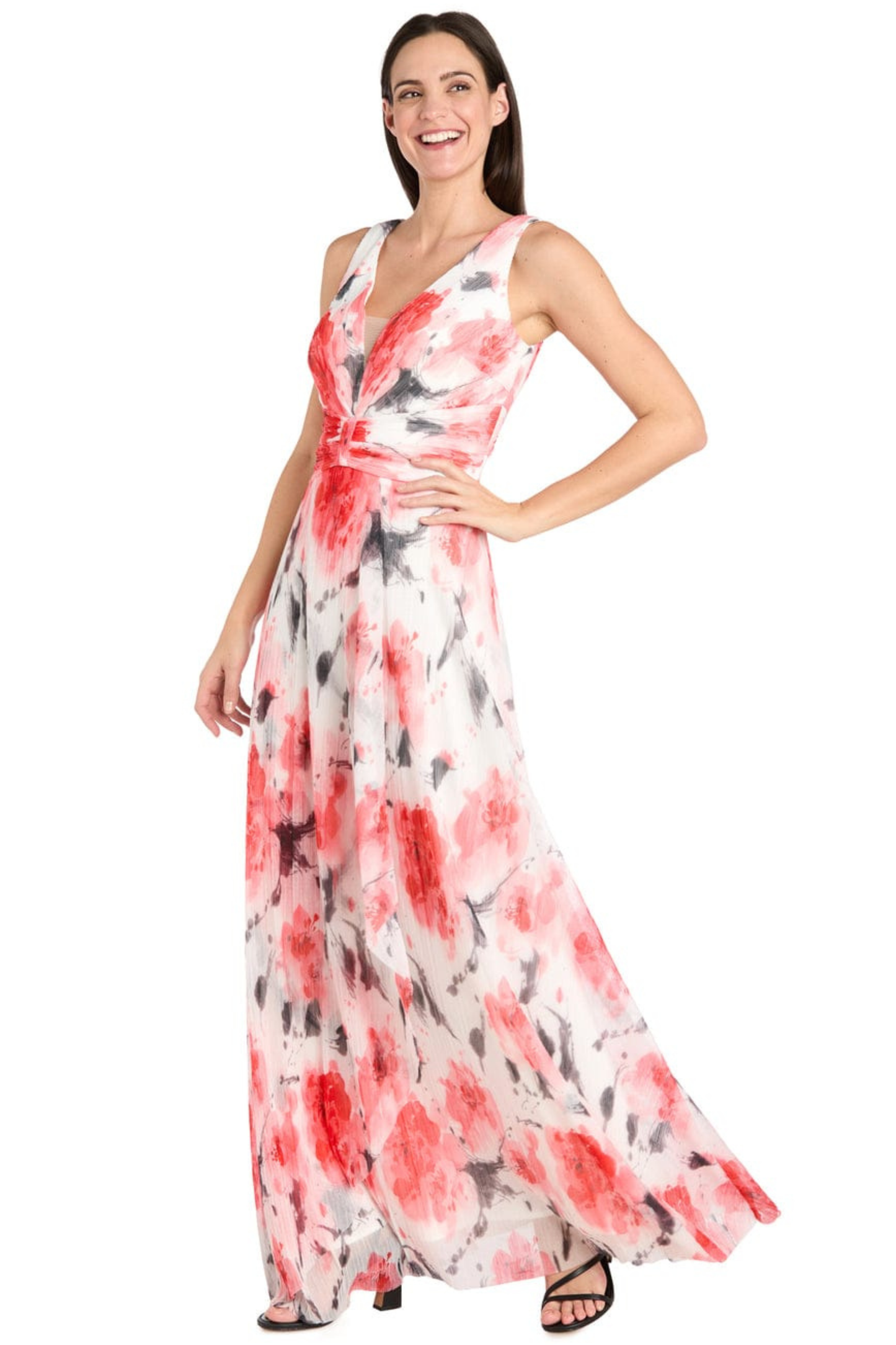 R&M Richards Corn Ivory Floral Print V-Neck Evening Gown