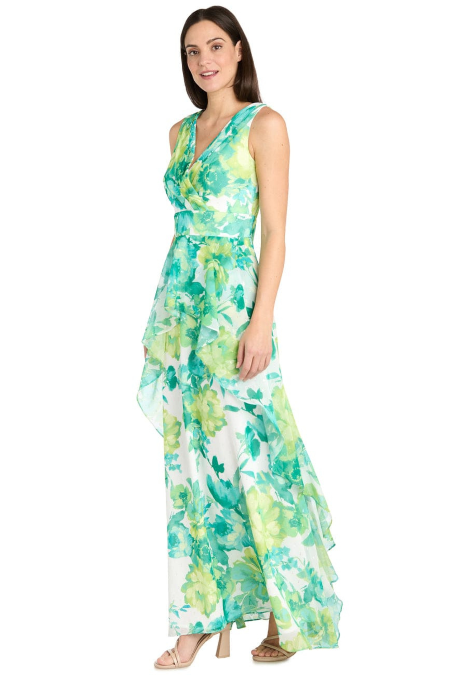 R&M Richards Jade Multi Floral Chiffon Ruffled Evening Dress