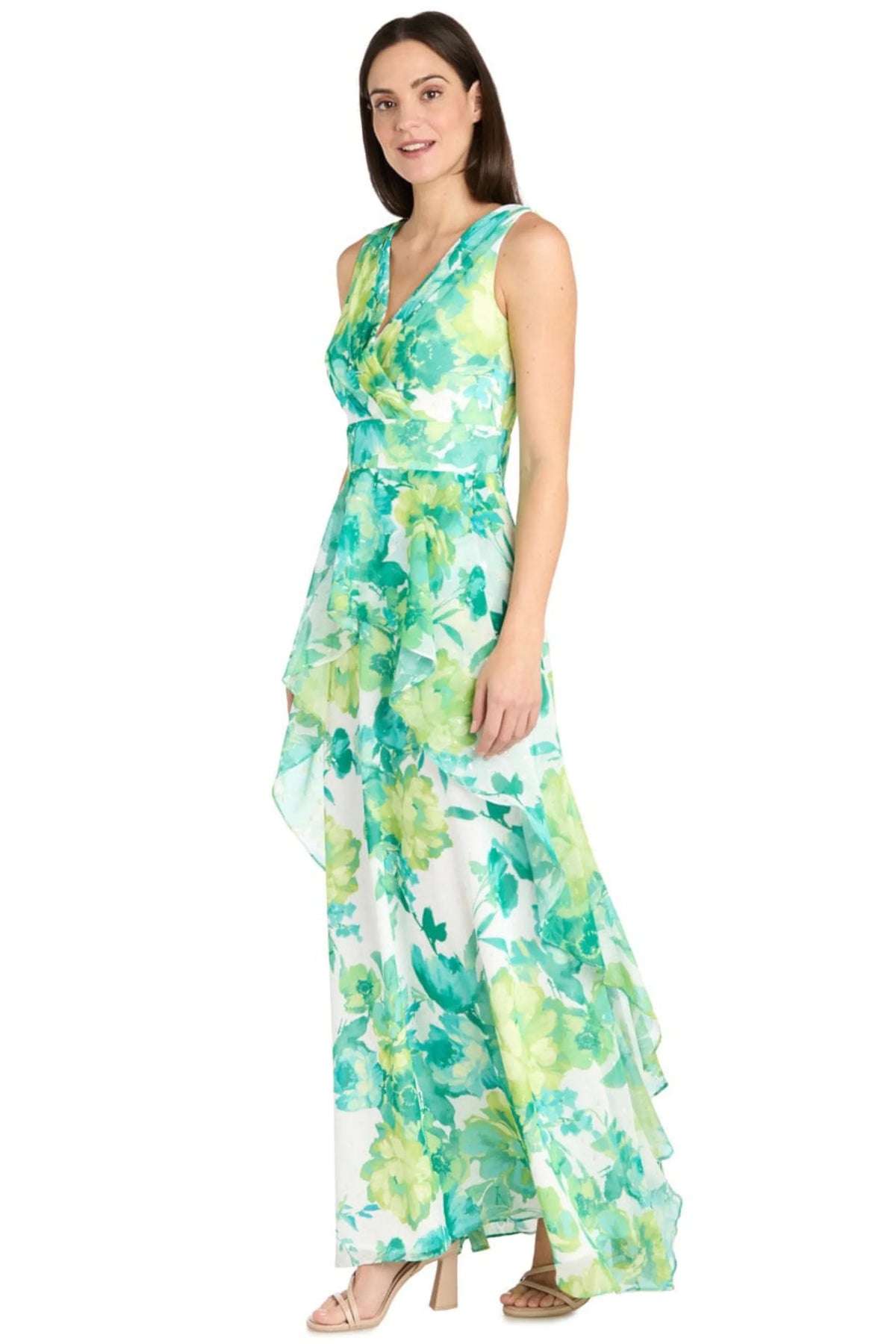 R&M Richards Jade Multi Floral Chiffon Ruffled Evening Dress