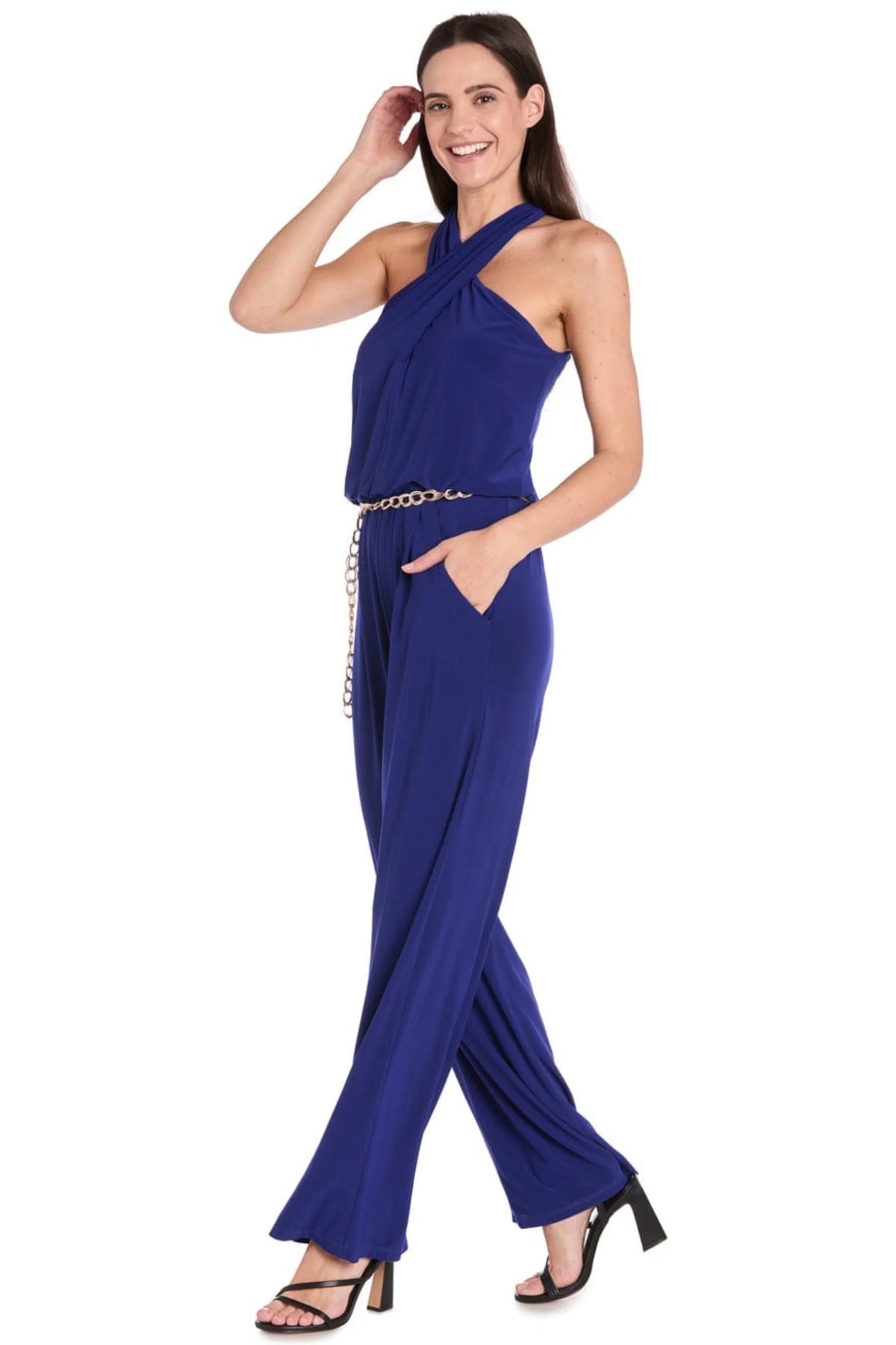 R&M Richards Cross-Front Halter Wide-Leg Evening Jumpsuit
