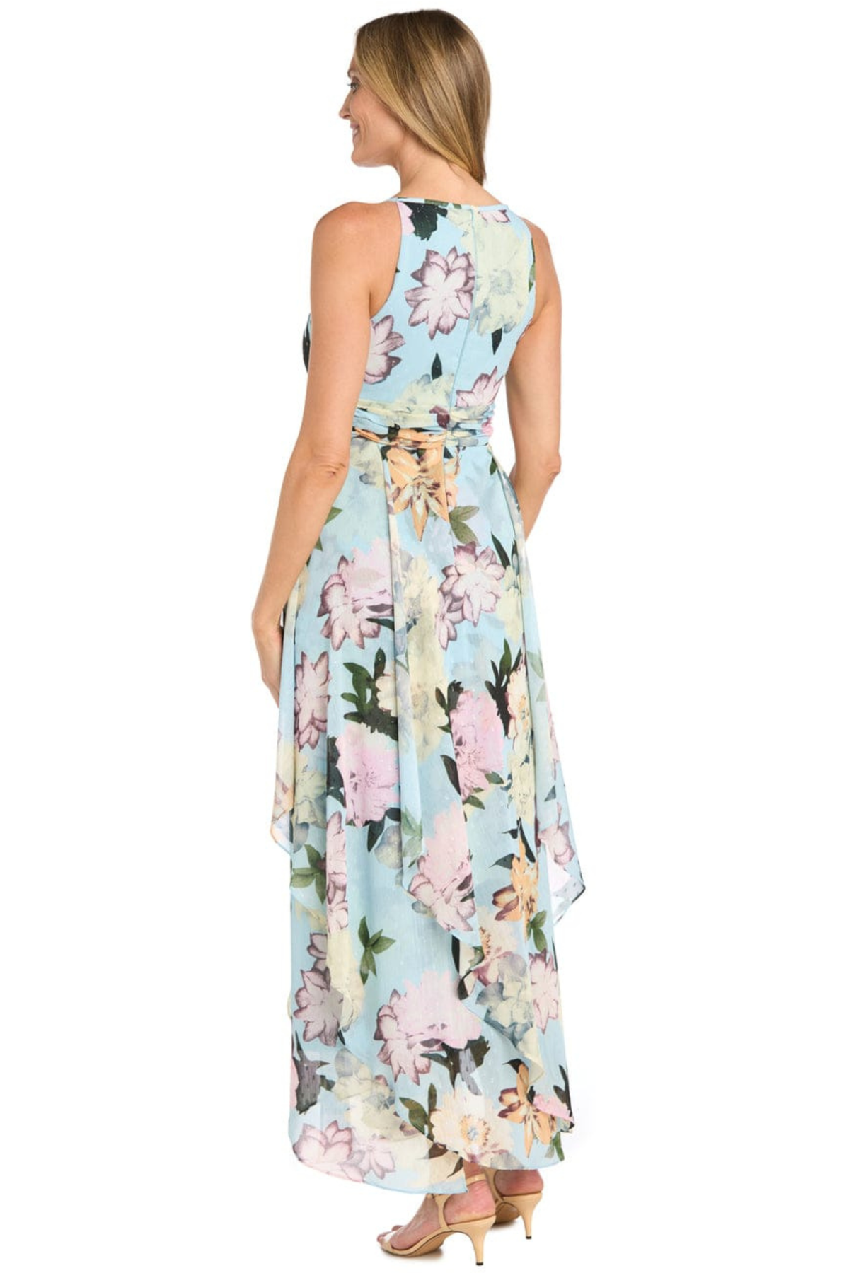 R&M Richards Aqua Floral Chiffon Halter Tiered High-Low Maxi Dress