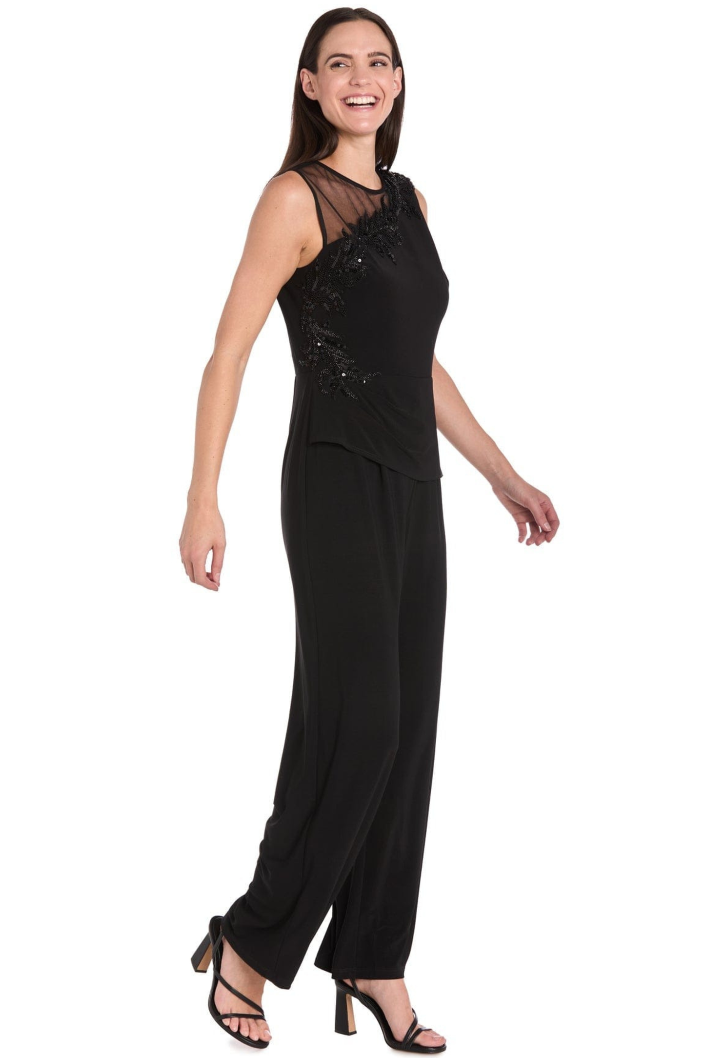 R&M Richards Black Illusion Beaded Asymmetric Wide-Leg Evening Jumpsuit
