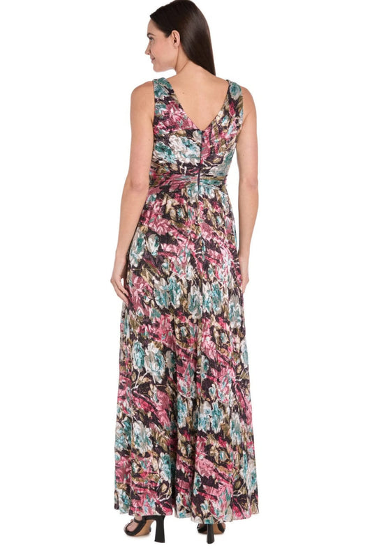 R&M Richards Eggplant Multi Floral Metallic Jacquard V-Neck Gown