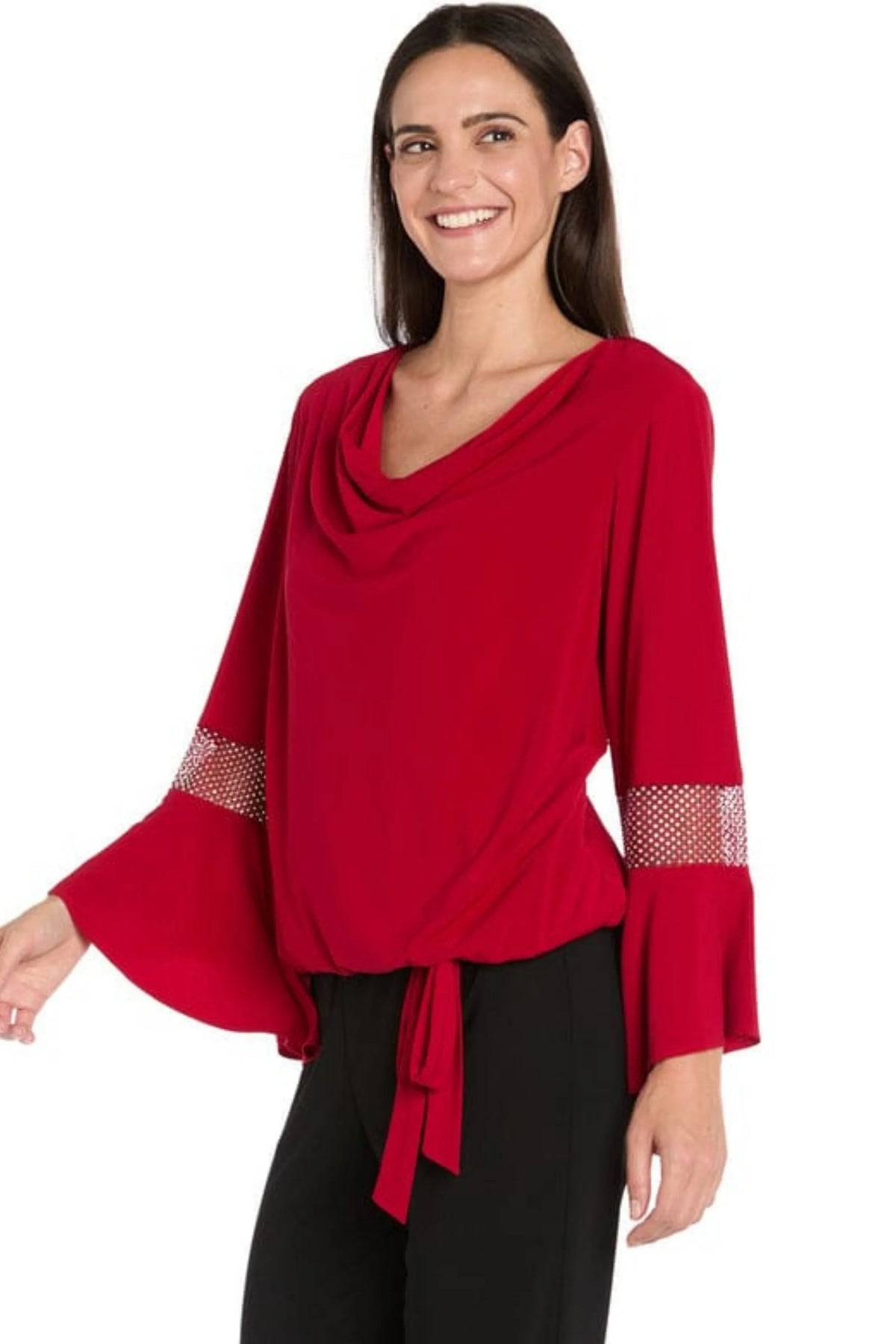 R&M Richards Red Cowl Neck Rhinestone Mesh Bell-Sleeve