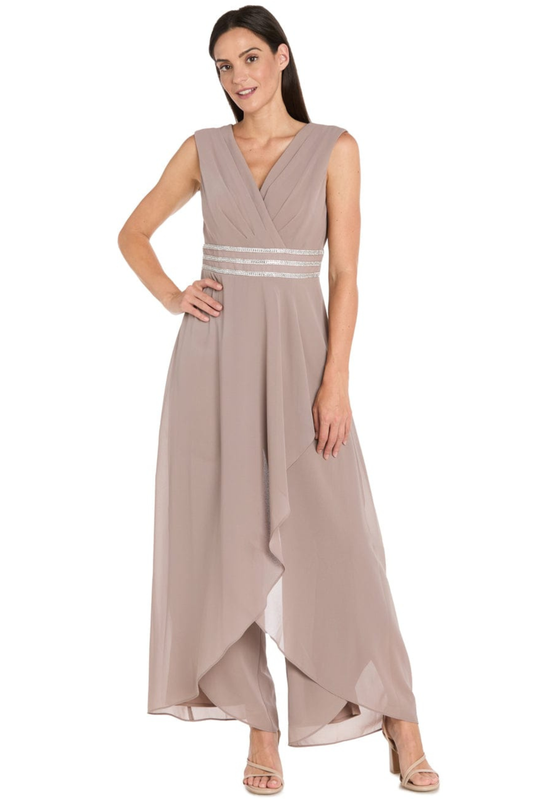 R&M Richards Rhinestone-Trim Draped Wide-Leg Evening Jumpsuit