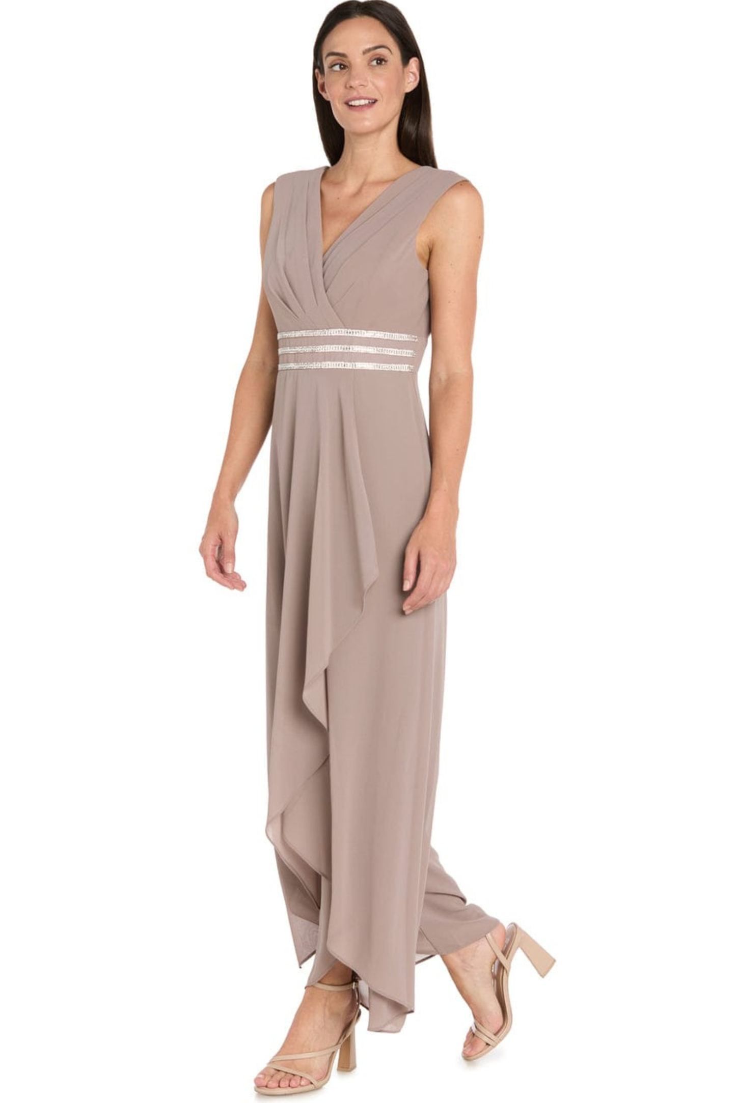 R&M Richards Rhinestone-Trim Draped Wide-Leg Evening Jumpsuit