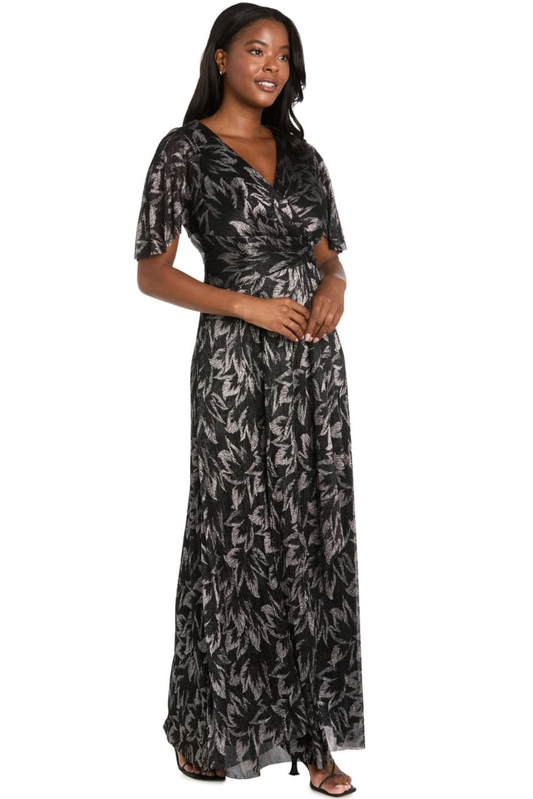 R&M Richards Black Gunmetal Metallic Leaf Flutter Sleeve Evening Dress