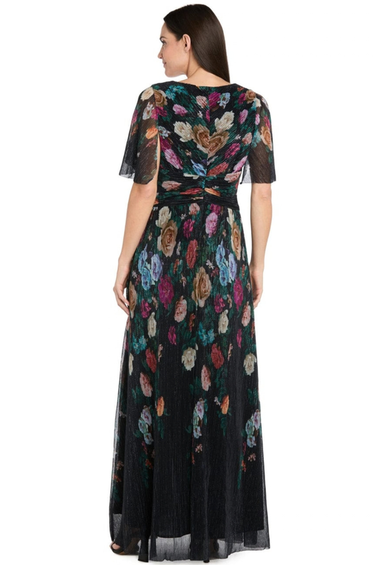 R&M Richards Black Multi Floral Metallic Plissé Flutter Sleeve Evening Dress