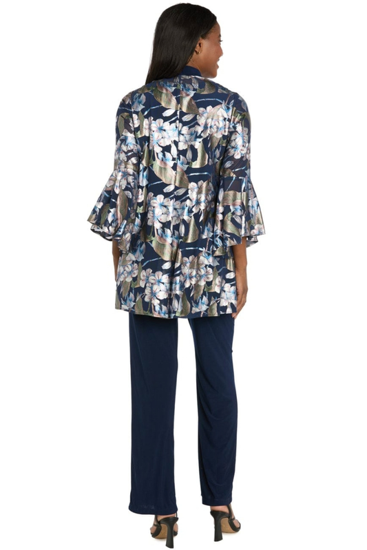 R&M Richards Navy Rose Metallic Floral Printed 3-Piece Duster Pantsuit
