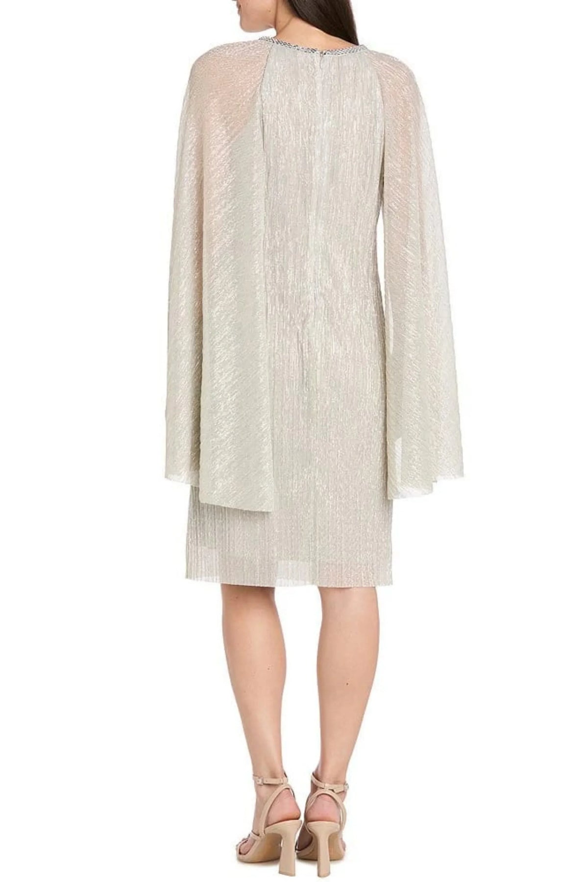 R&M Richards Champagne Metallic Plissé Cape Cocktail Dress