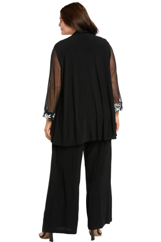 R&M Richards Black & White Floral Embroidered 3-Piece Duster Pantsuit