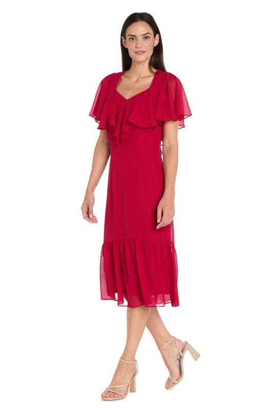 RM Richards Ruffle Chiffon Midi Dress with Flutter Sleeves