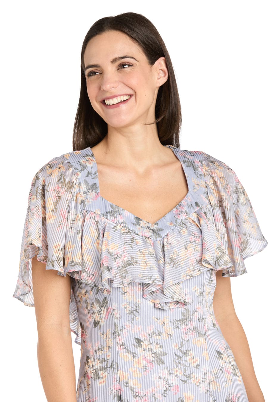 RM Richards Ruffle Floral Midi Dress with Flutter Sleeves