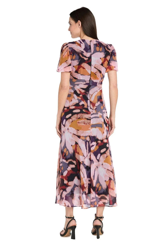 RM Richards Floral V-Neck Midi Dress with Flutter Sleeves