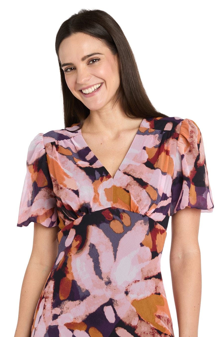 RM Richards Floral V-Neck Midi Dress with Flutter Sleeves