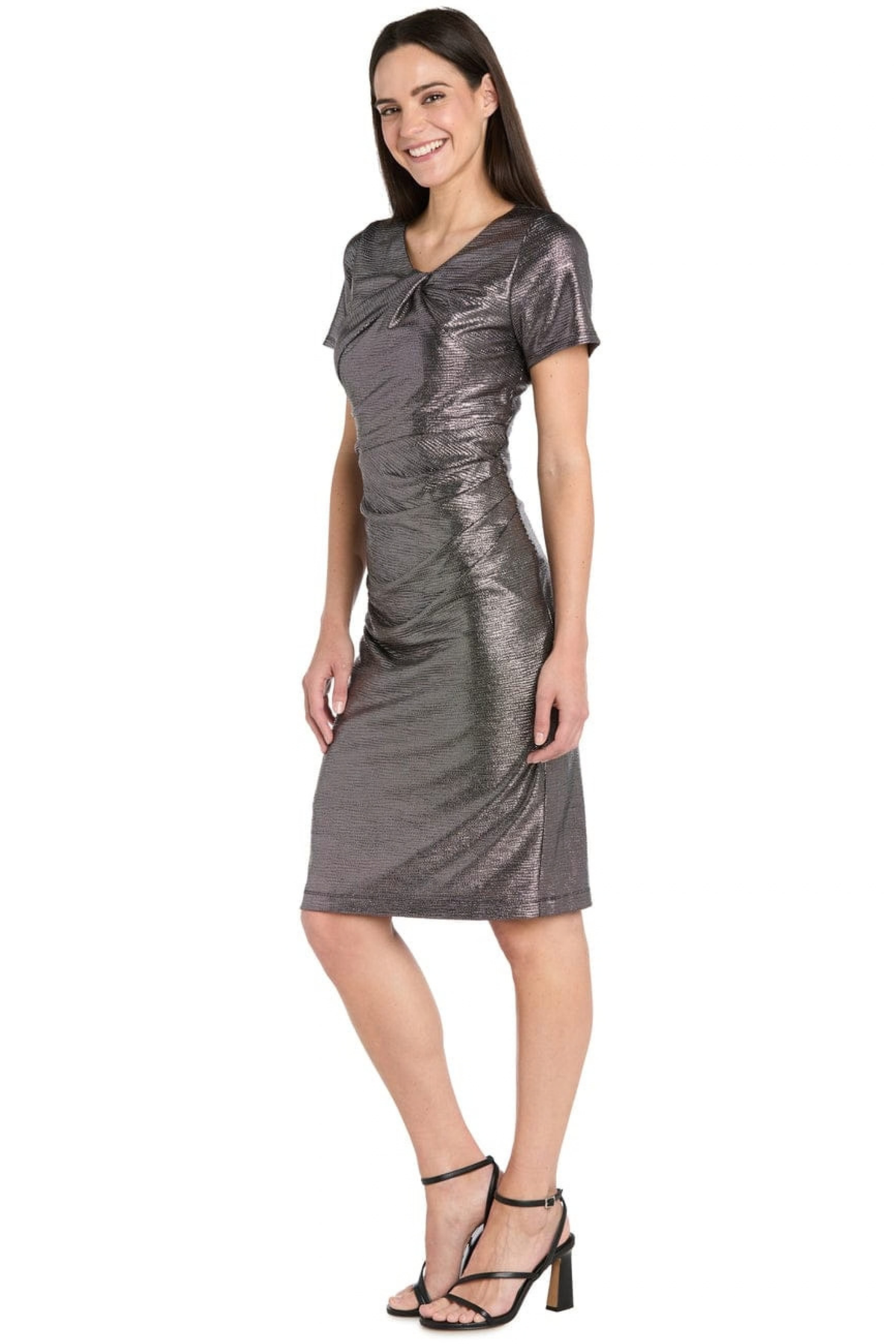 R&M Richards Black Silver Metallic Twisted Knot Sheath Cocktail Dress