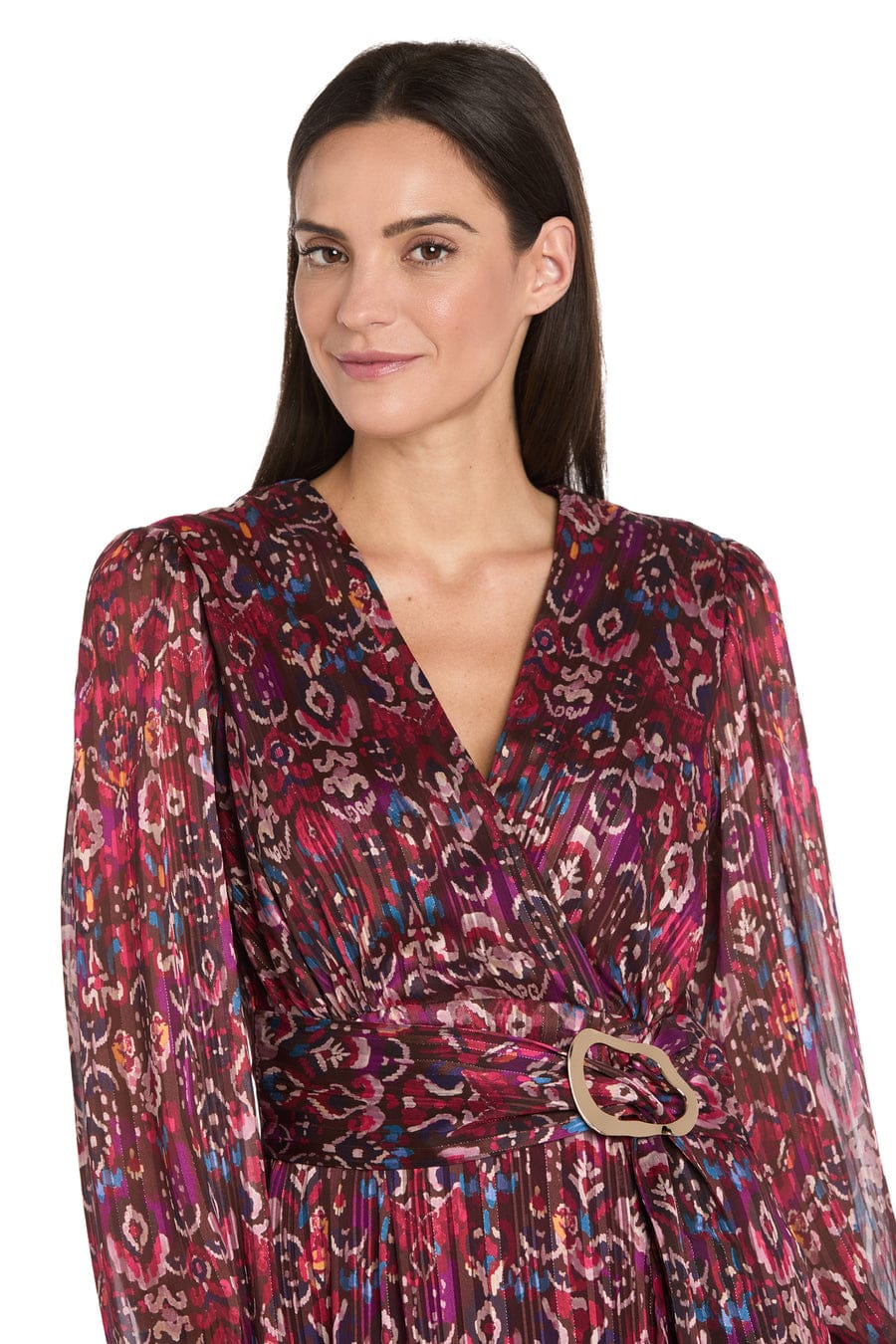 RM Richards Long Sleeve Pleated Faux-Wrap Midi Dress