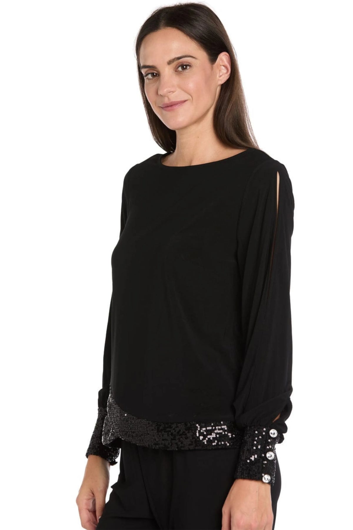R&M Richards Black Cold-Shoulder Sequin Cuffed Pant Suit