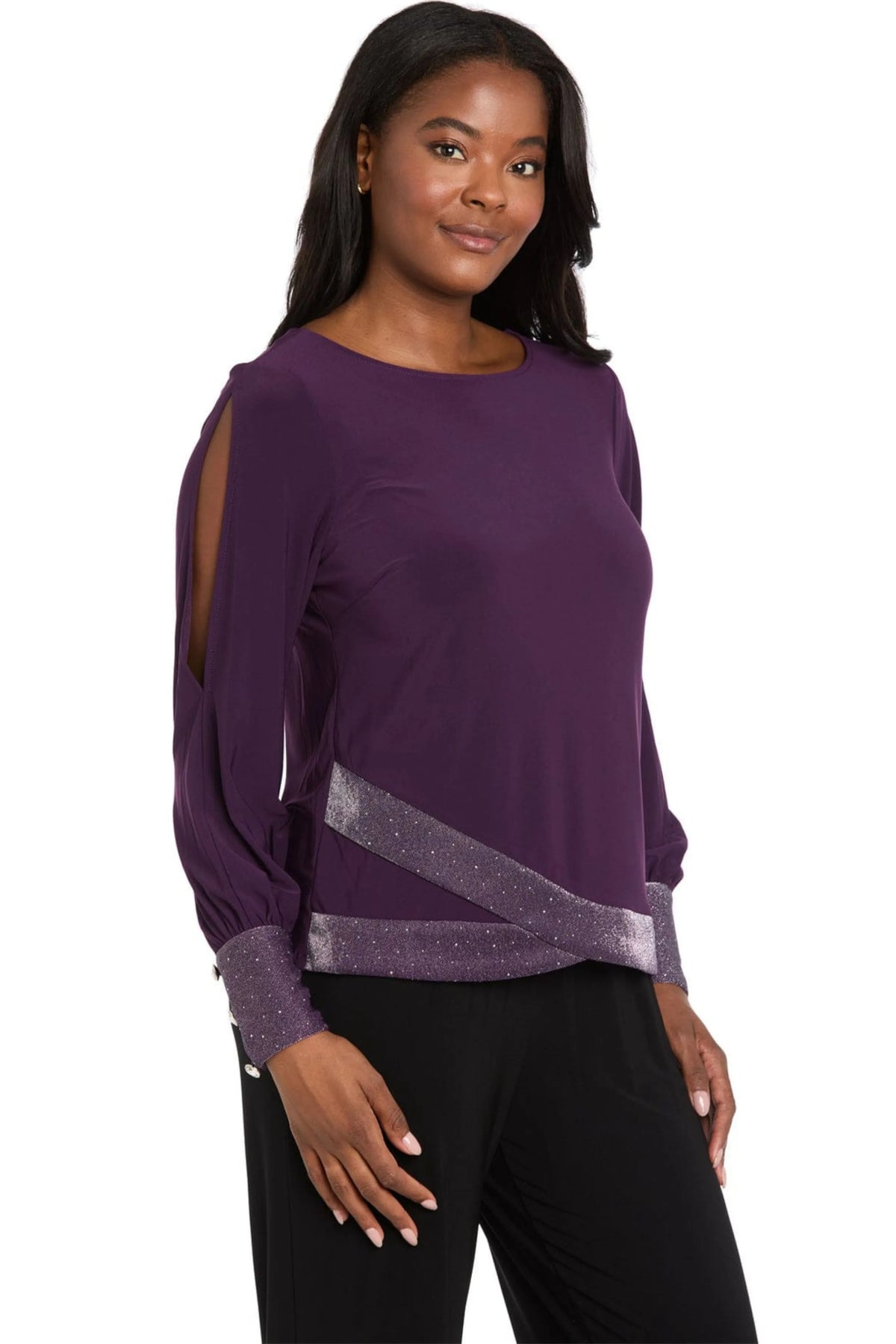 R&M Richards Plum Cold-Shoulder Metallic Trim Top