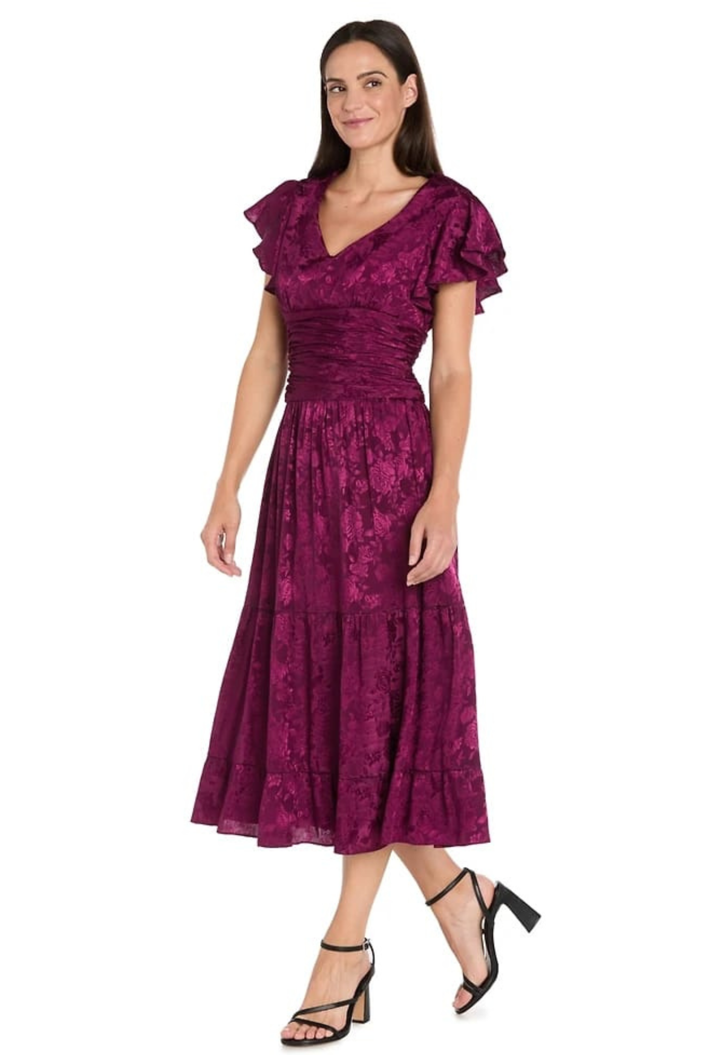 R&M Richards Sangria Floral Jacquard Tiered Midi Cocktail Dress
