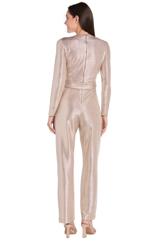 R&M Richards Mocha Metallic Long-Sleeve Belted Jumpsuit