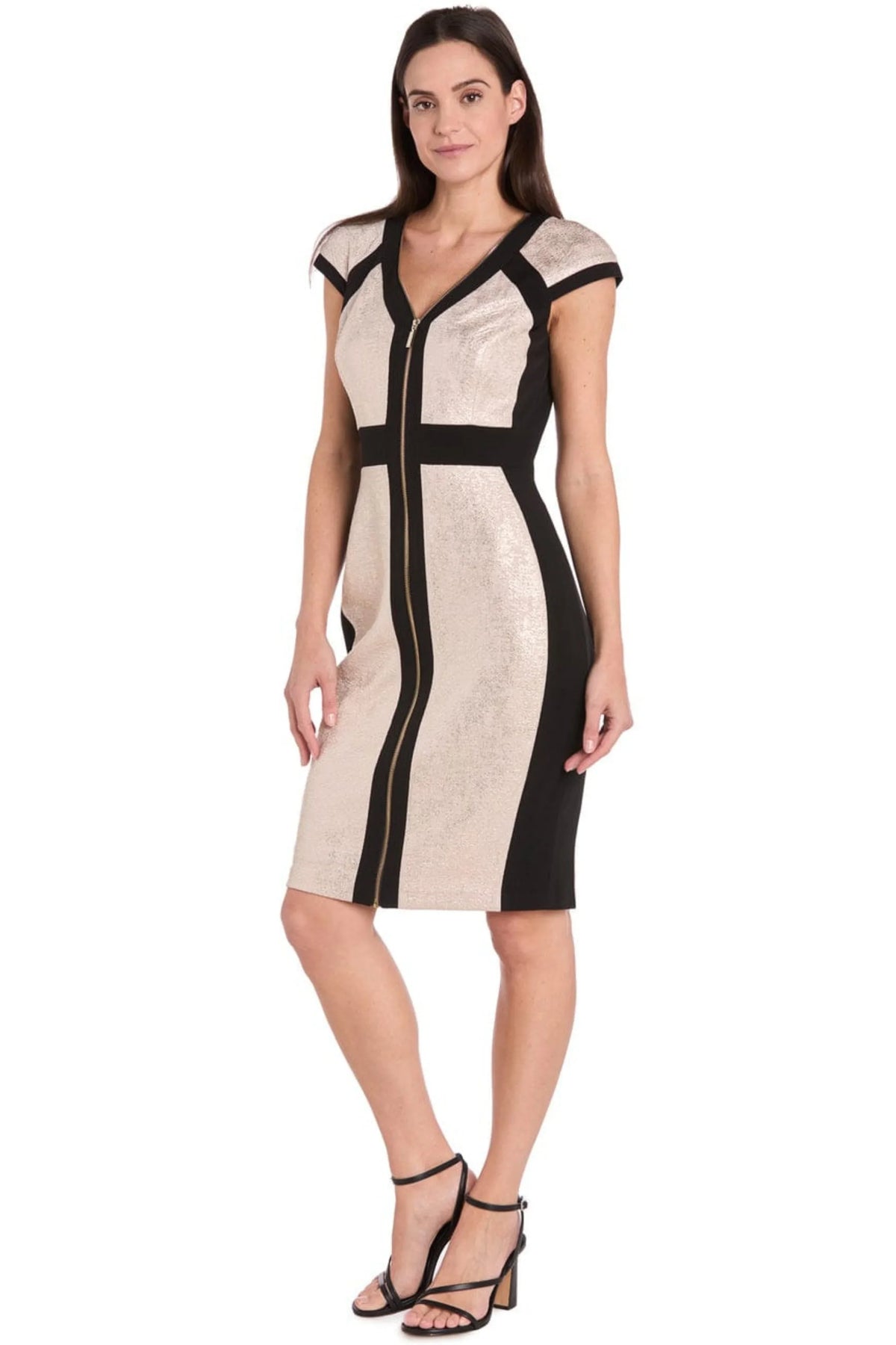 R&M Richards Champagne & Black Metallic Colorblock Zipper Party Dress