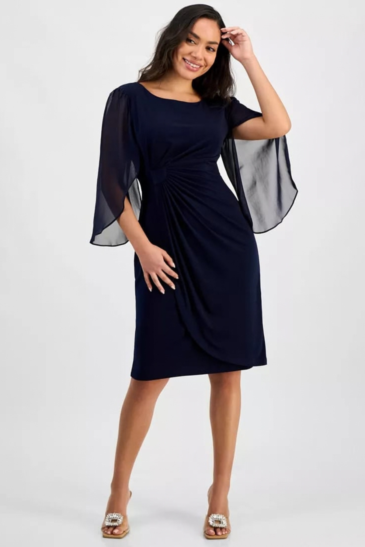 R&M Richards Side Rouched Sheath Dress with Sheer Bell Sleeves
