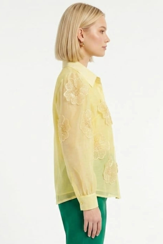 Vivid Floral Embellished Applique Button Down Top