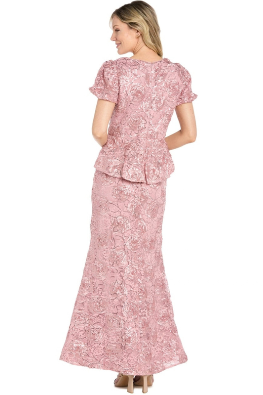 R&M Richards Floral Jacquard Puff Sleeve Peplum Evening Dress