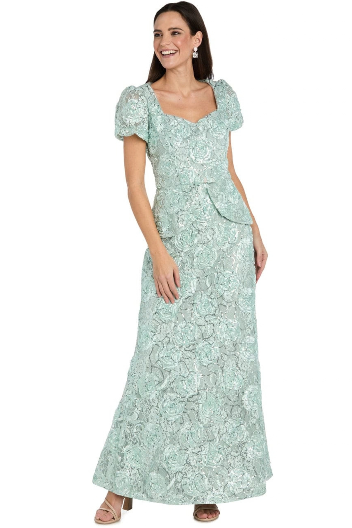 R&M Richards Floral Jacquard Puff Sleeve Peplum Evening Dress