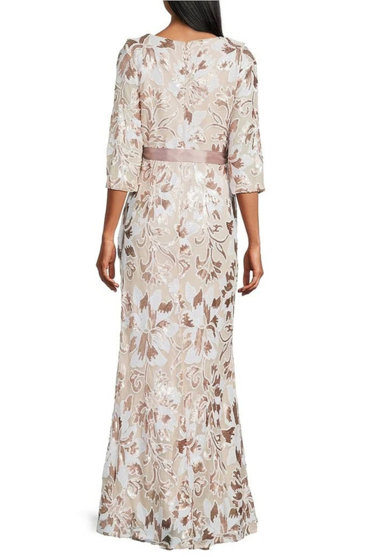 R&M Richards Nude Multi Sequin Floral 3/4-Sleeve Evening Gown with Satin Sash