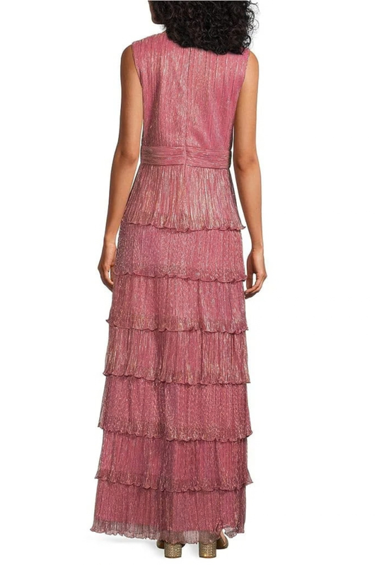 R&M Richards Metallic Plisse Tiered Sleeveless Evening Dress