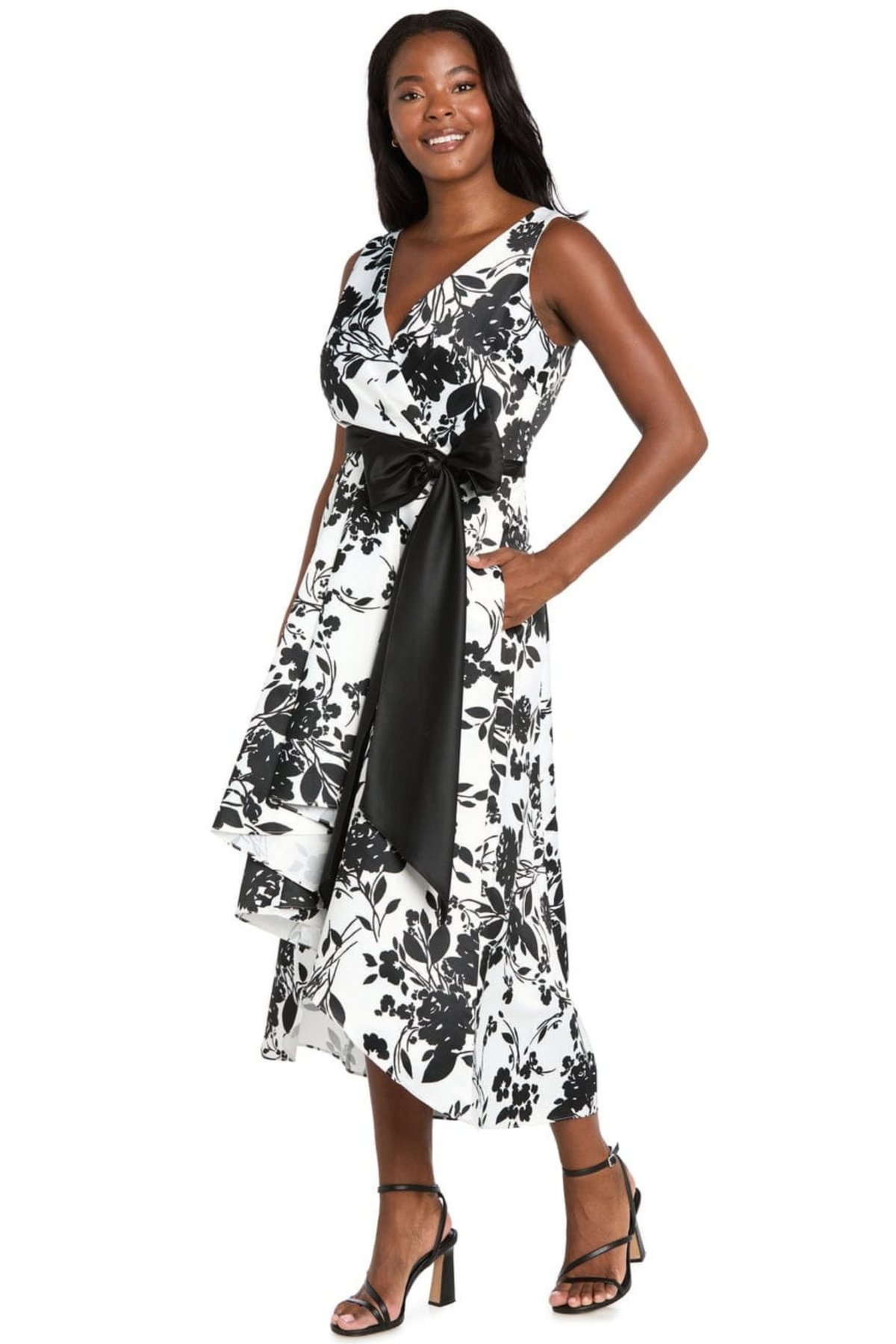 R&M Richards Black & White Floral Print Asymmetric Satin Bow Midi Dress