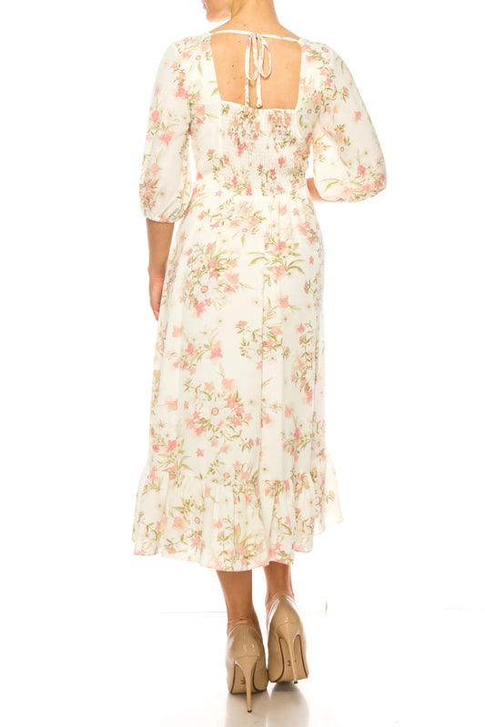52seven Three Quarter Sleeve Floral Midi Dress