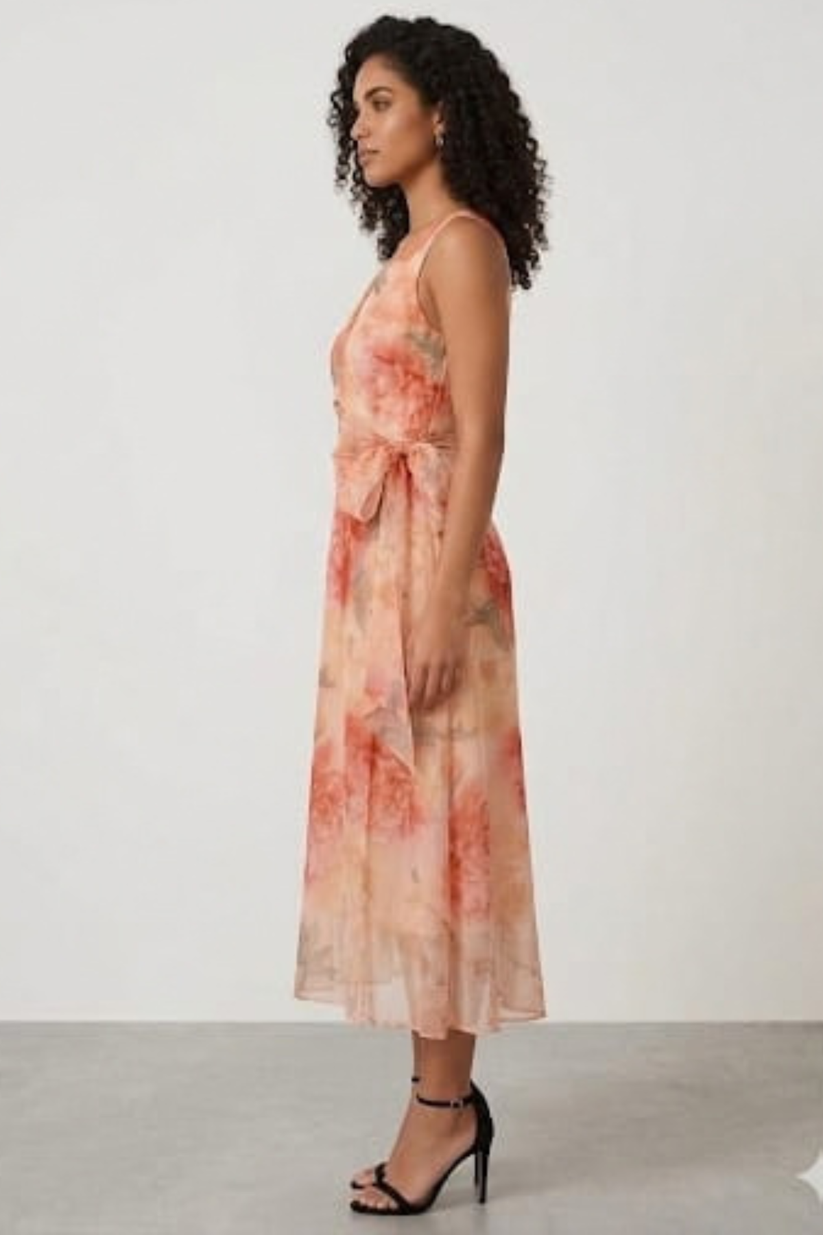 R&M Richards Peach Coral Floral Organza Wrap A-Line Midi Dress