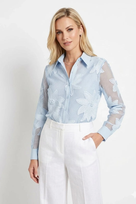 VIVID Mesh Floral Appliqué Button-Down Shirt