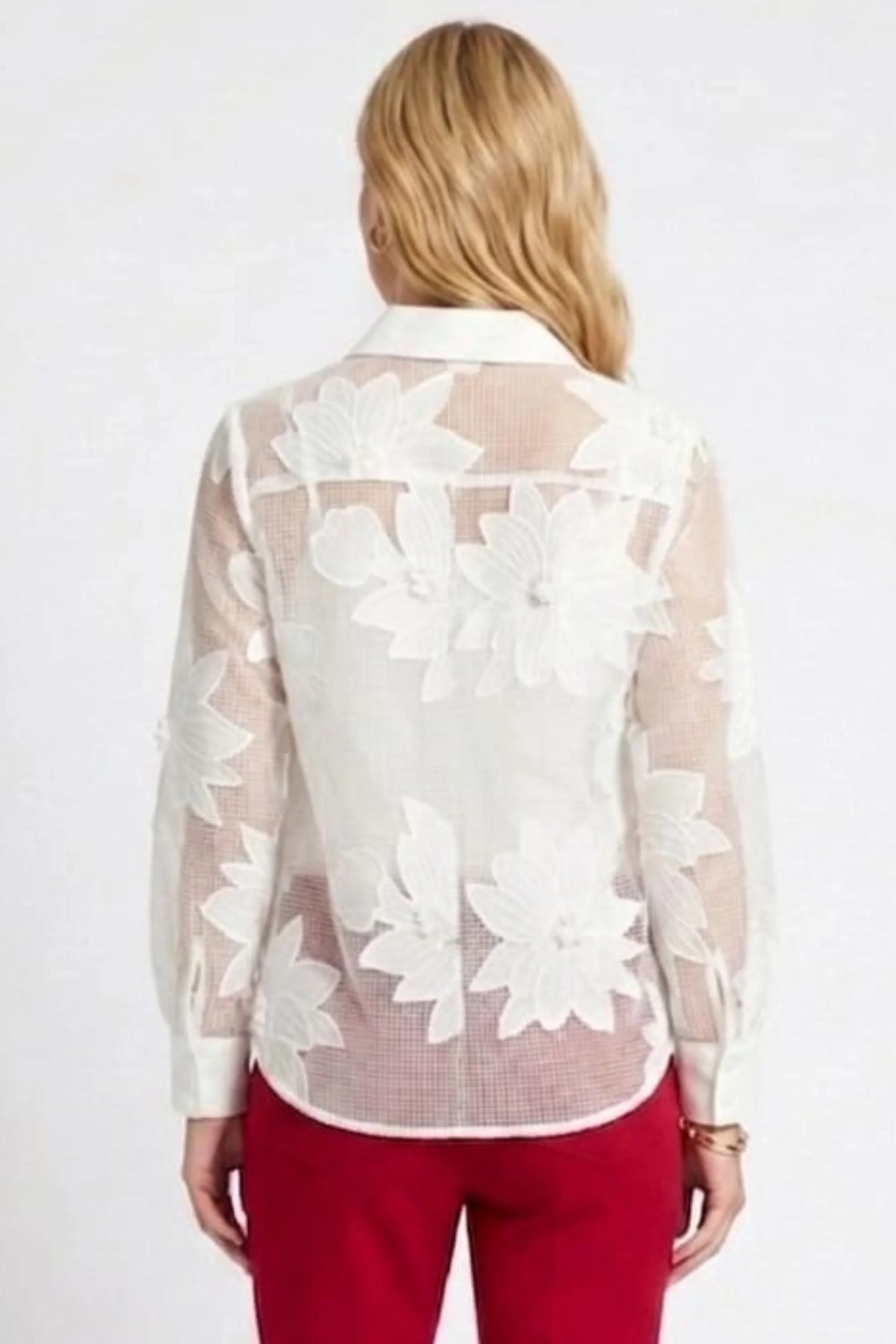 VIVID Mesh Floral Appliqué Button-Down Shirt