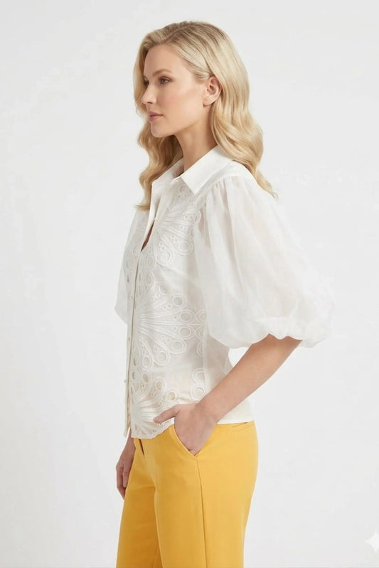 VIVID Ivory Butterfly Eyelet Blouse Organza Lantern Sleeves