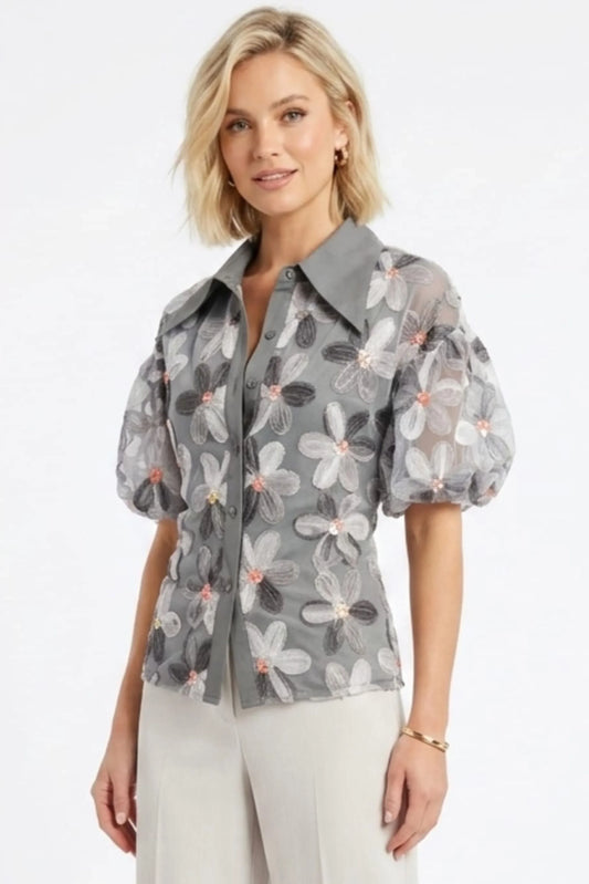 VIVID 3D Floral Appliqué Puff Sleeve Blouse