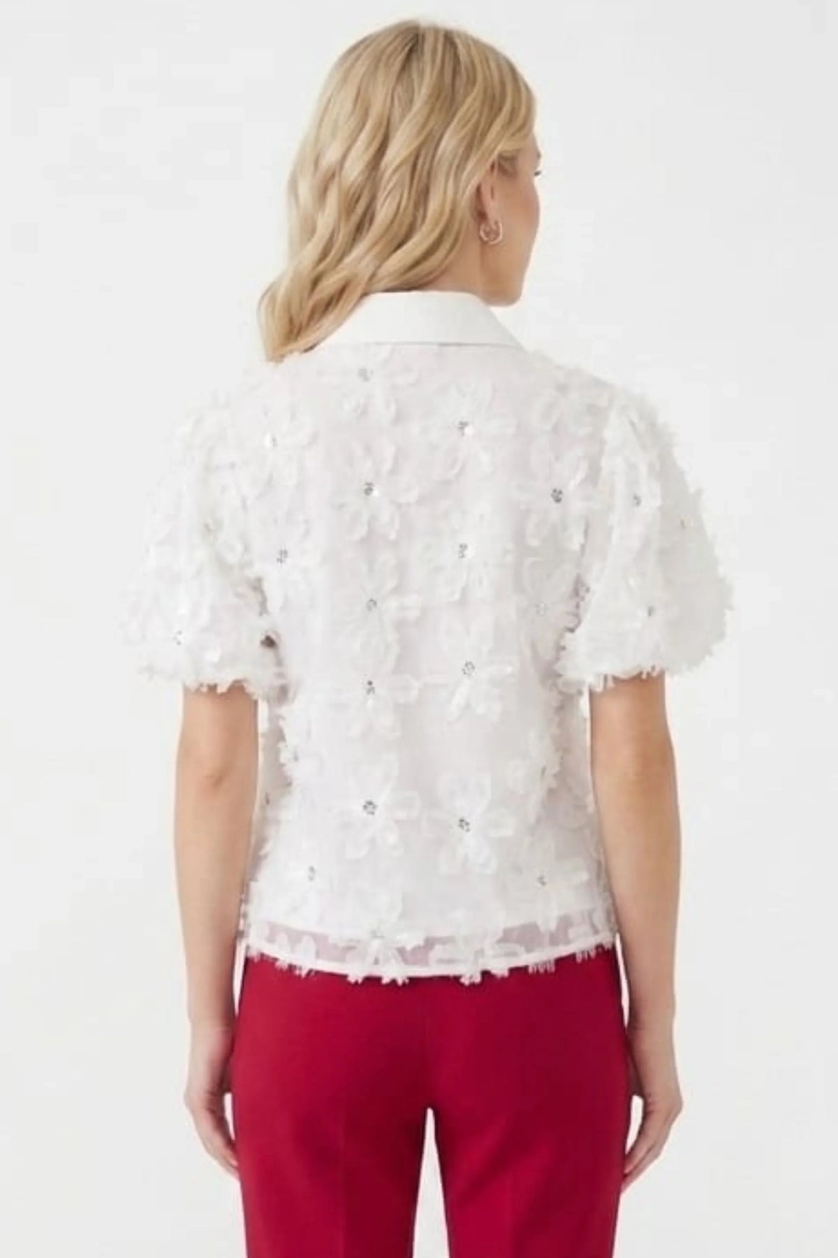 VIVID 3D Floral Appliqué Puff Sleeve Blouse
