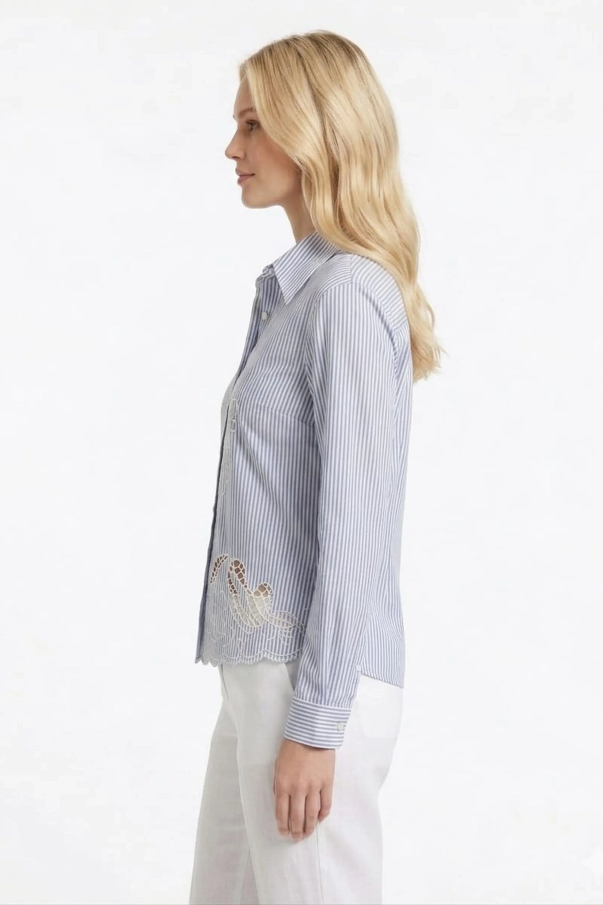 VIVID Embroidered Button-Down Top Scalloped Eyelet Hem