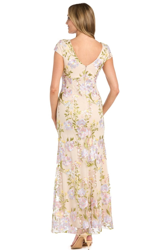 R&M Richards Nude Multi Pastel Floral Embroidered Mesh Evening Dress