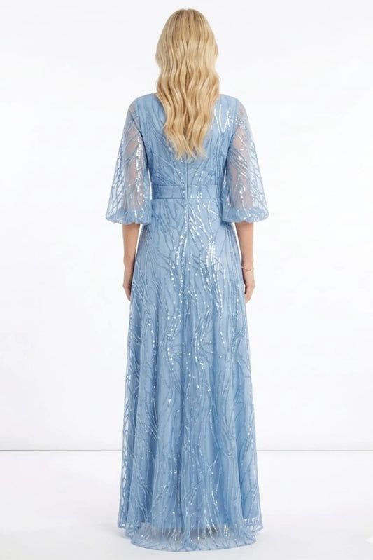 Alex Evenings Sky Blue Sequined Mesh A-Line Evening Dress