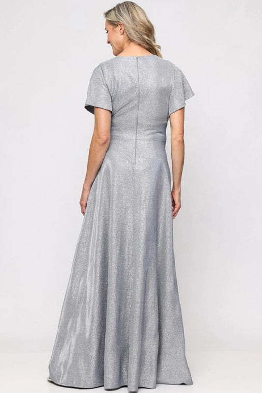 SLNY Slate Silver Metallic Shimmer Tied-Waist Evening Gown with Pockets