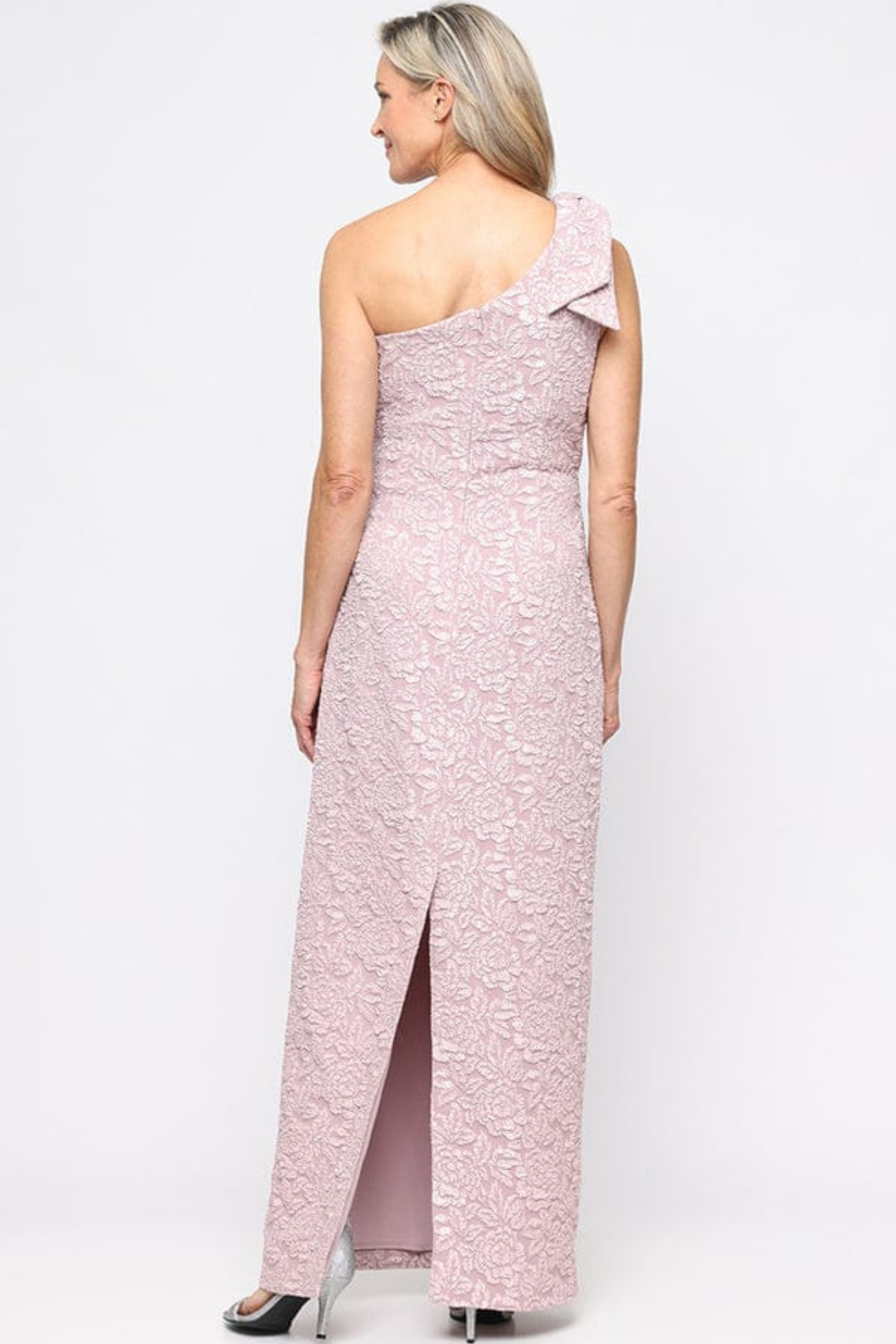 Alex Evenings Blush One-Shoulder Textured Floral Gown