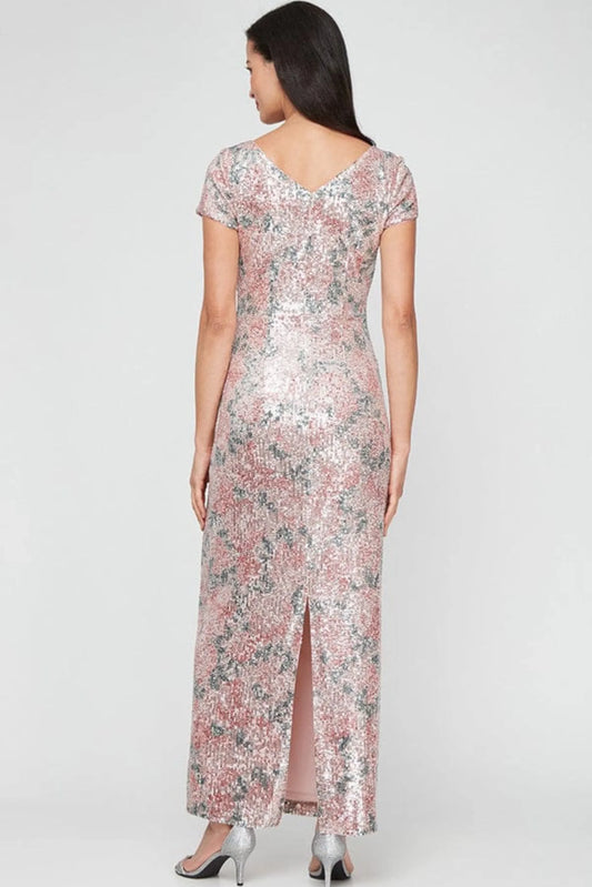 Alex Evenings Blush Multi Sequined Floral Sheath Evening Dress