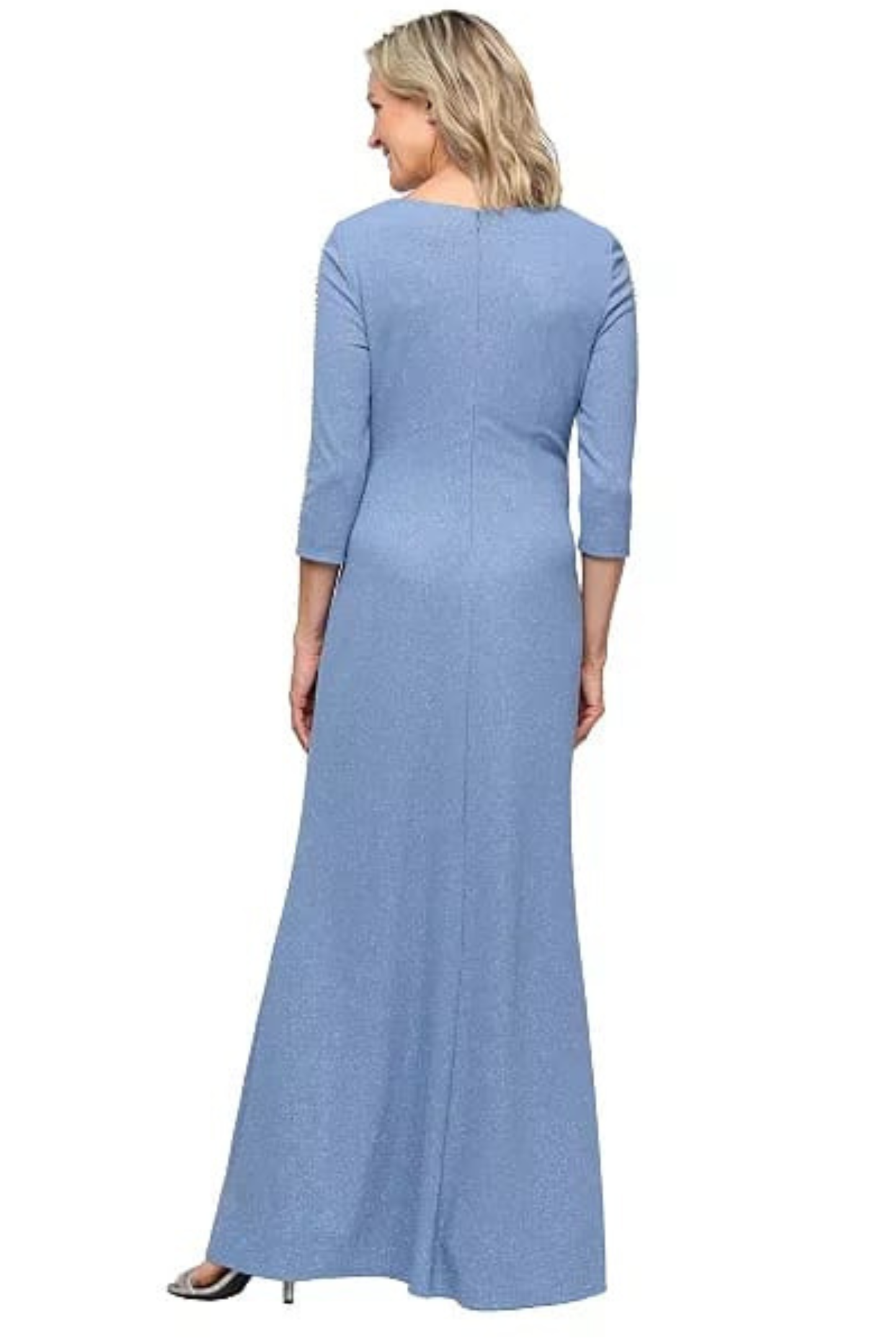 SLNY Slate Blue Metallic Shimmer Beaded-Sleeve Evening Gown