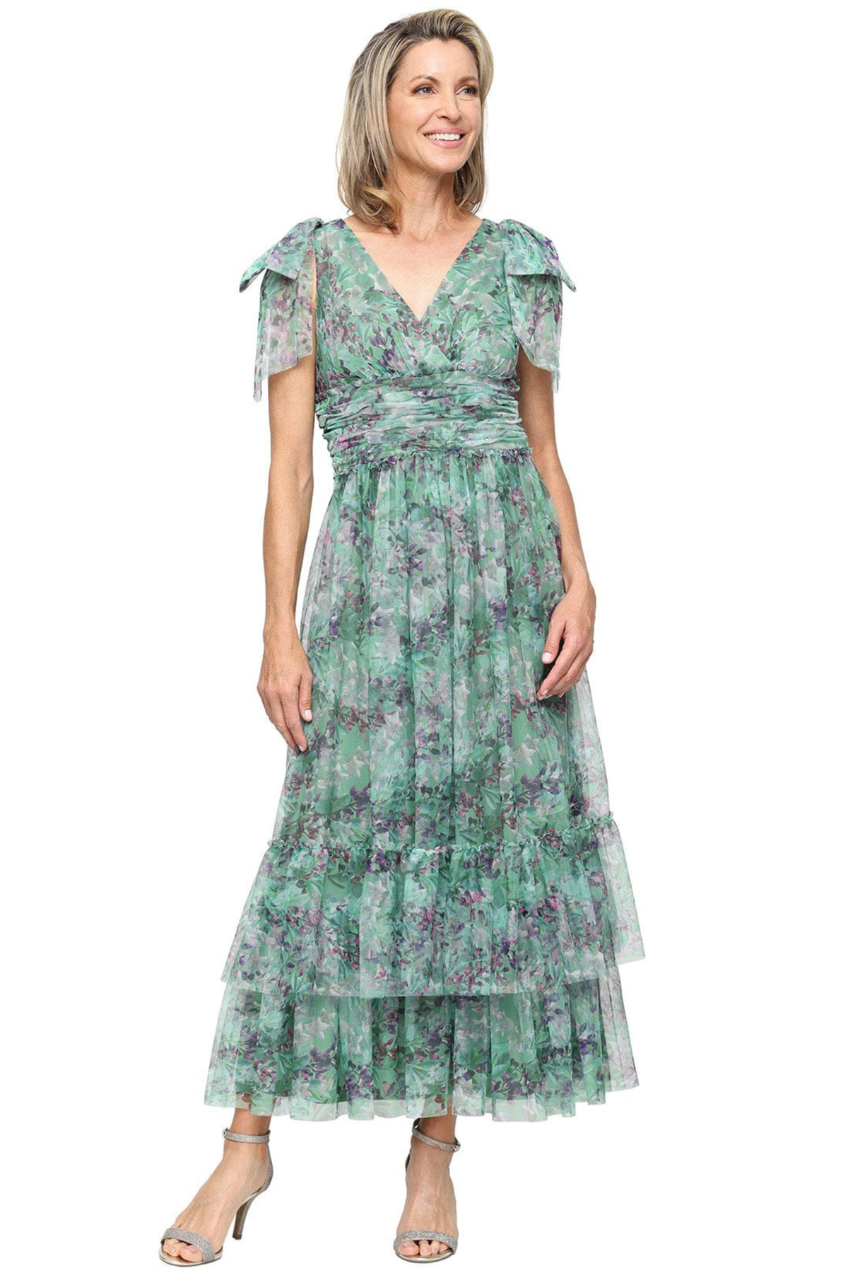 SLNY Sage Multi Floral Print Tie-Shoulder Tiered Maxi Dress