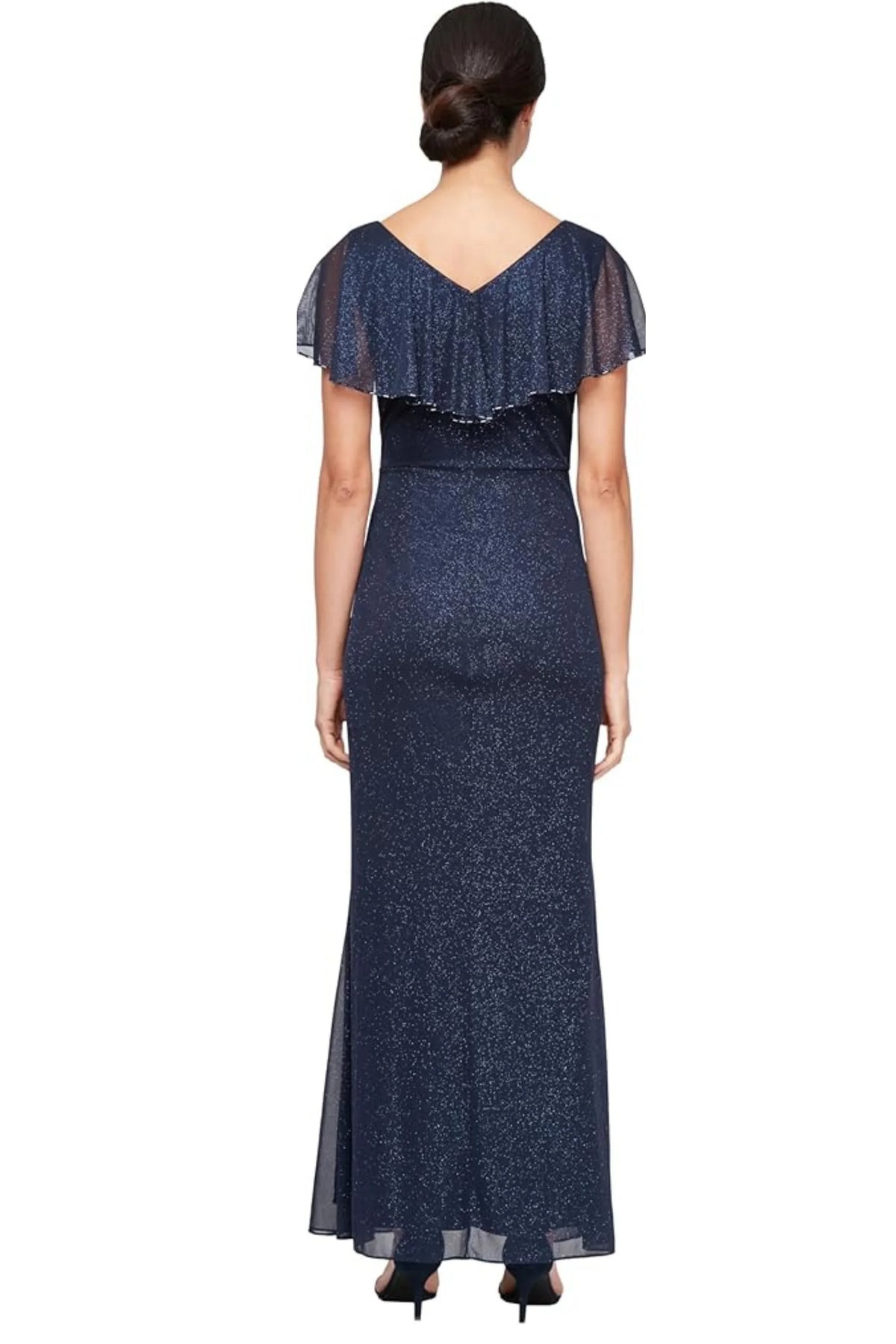 SLNY Glitter Lace Ruffle Flutter-Sleeve Evening Gown